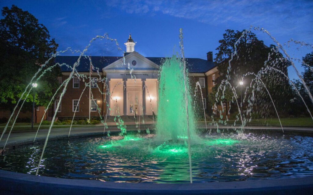 USC Upstate fountain at night.