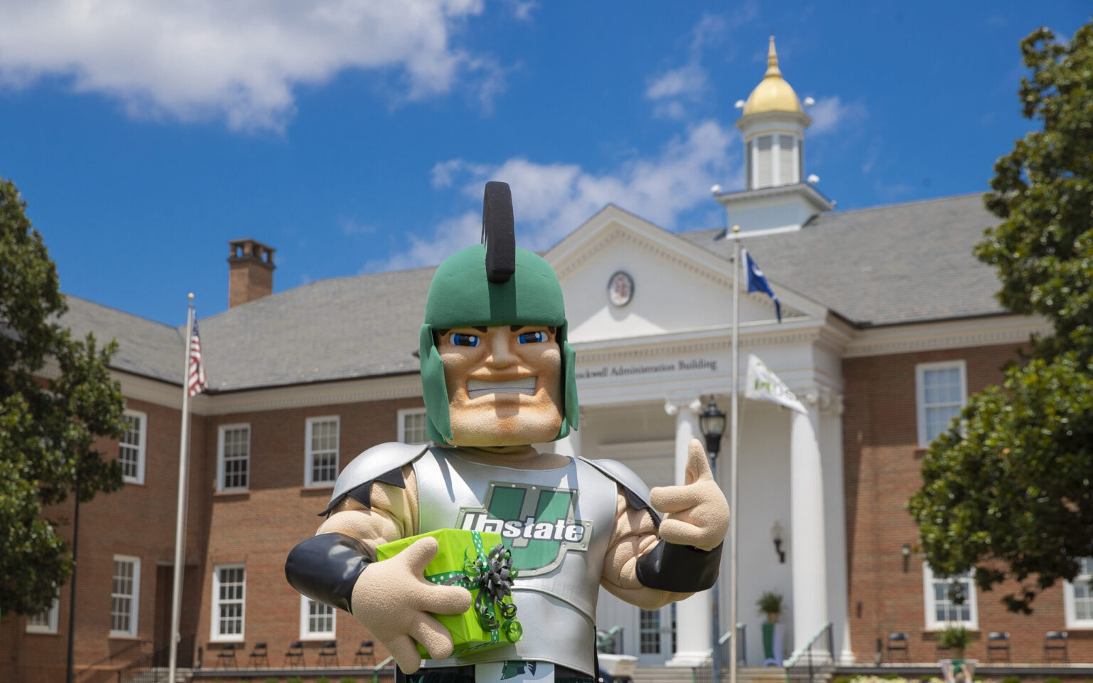 Sparty in front of Admin Building