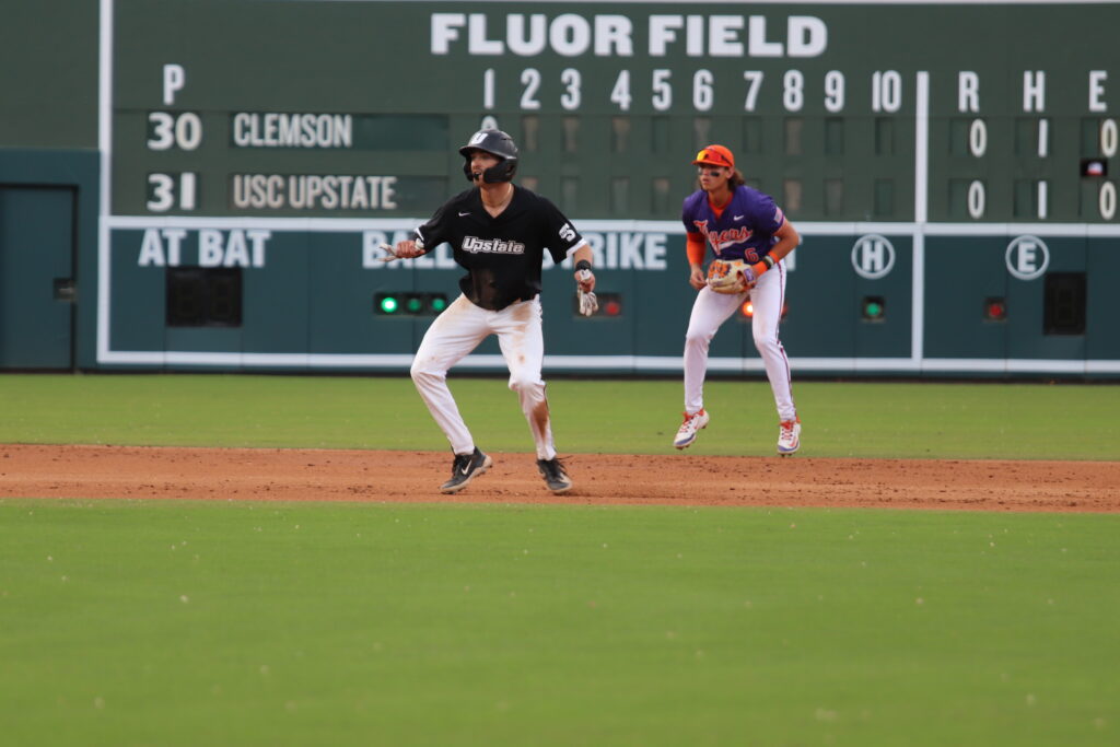 Shot of USC Upstate baseball and Clemson Tiger players at Fluor Field.