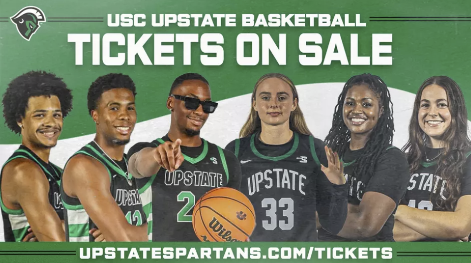 image of 6 USC Upstate basketball athletes and the text Tickets on sale and the web address for athletics.