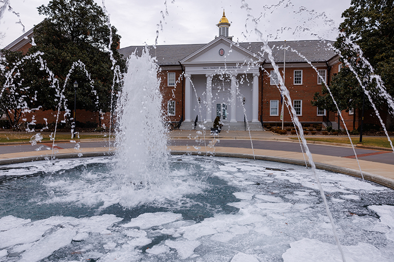 Frozen fountain in front to USC Upstate's Administration building
