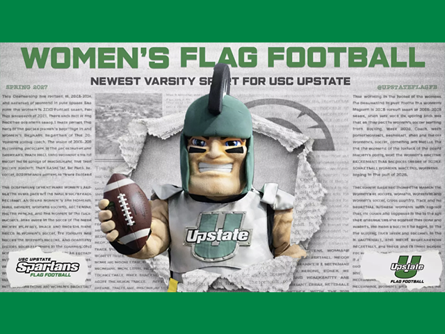 USC Upstate Sparty the Spartan holds a football with a newspaper in the background